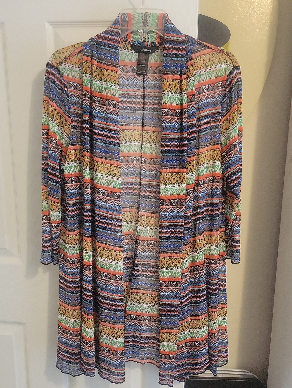 Ali Miles szLg Multicolor Aztec Knit Open Sheer Cardigan/Cover with stretch